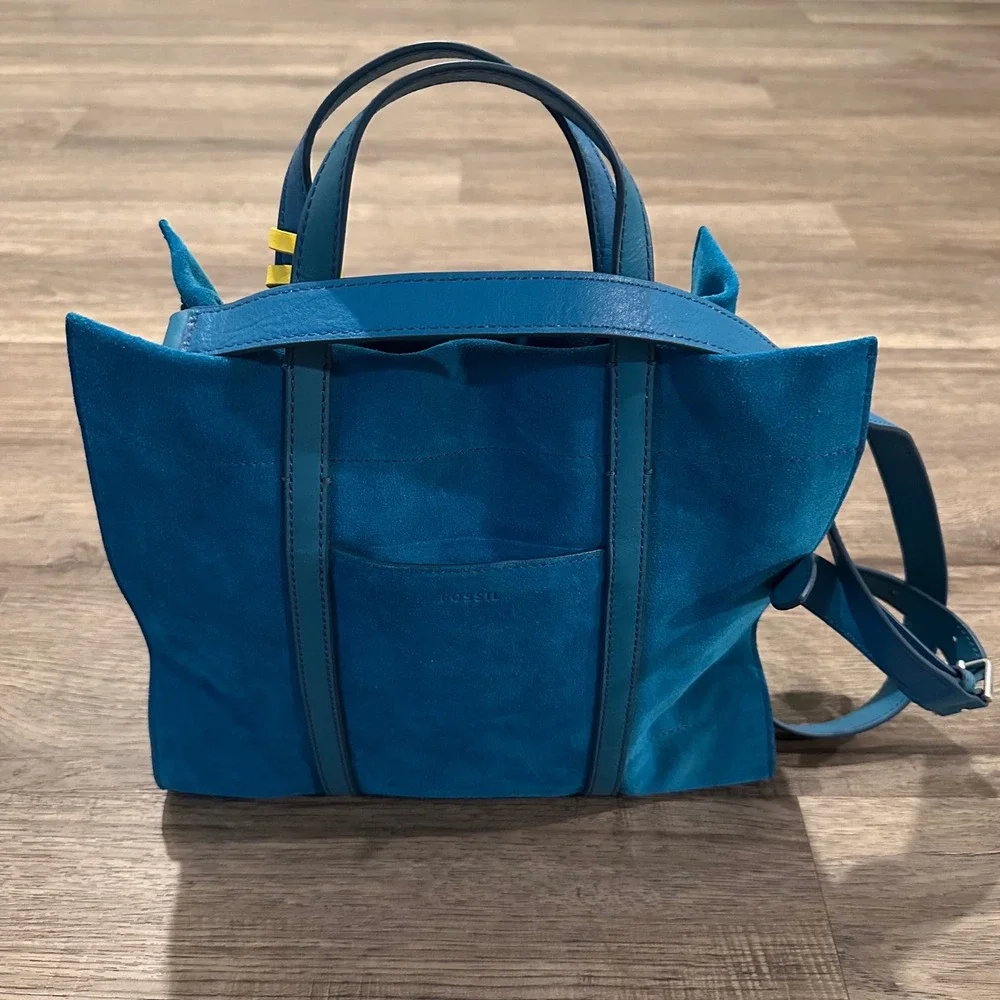 Fossil Hope Satchel Teal Blue Suede Snake Embossed Leather Tassel Handbag Bag